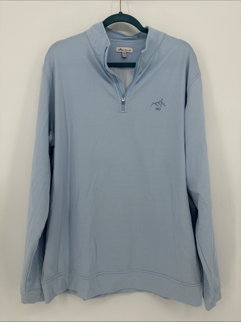 Peter Millar Men’s XL Blue White Stripe 1/4 Zip Golf Pullover 1923 Logo